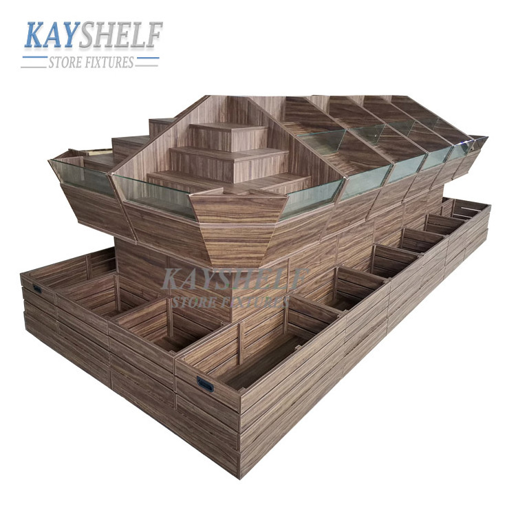 Supermarket Store Retail Shelves Plywood Multilayer Wooden Board Fruit and Vegetable Display Stand Rack