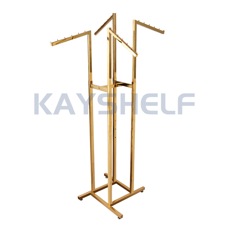 Display Fixtures 4-Way Garment Rack with Straight / Slanted Adjustable Arms for Clothing Stores