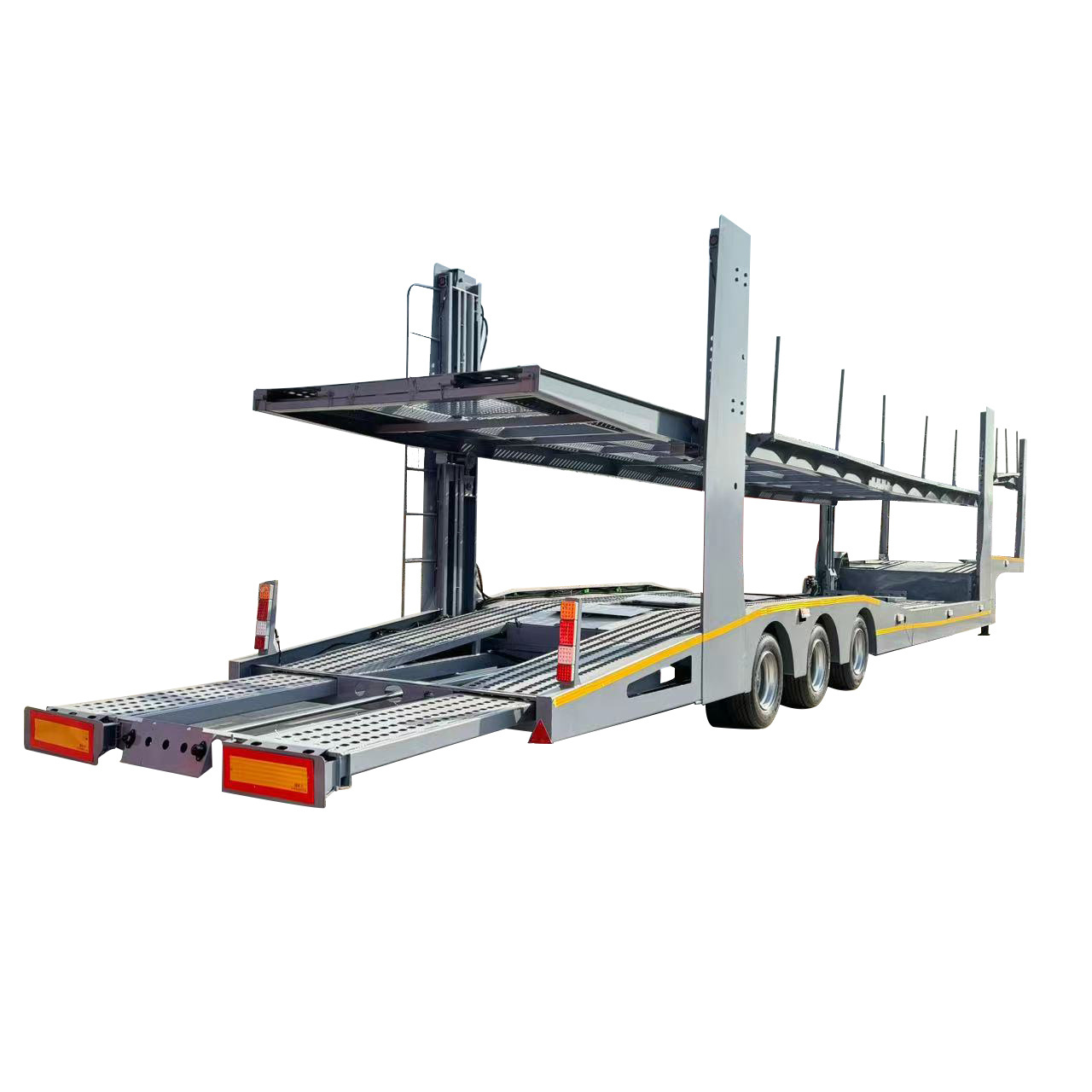 Brand new 2 floors hydraulic lift transporter transporting small car trailer