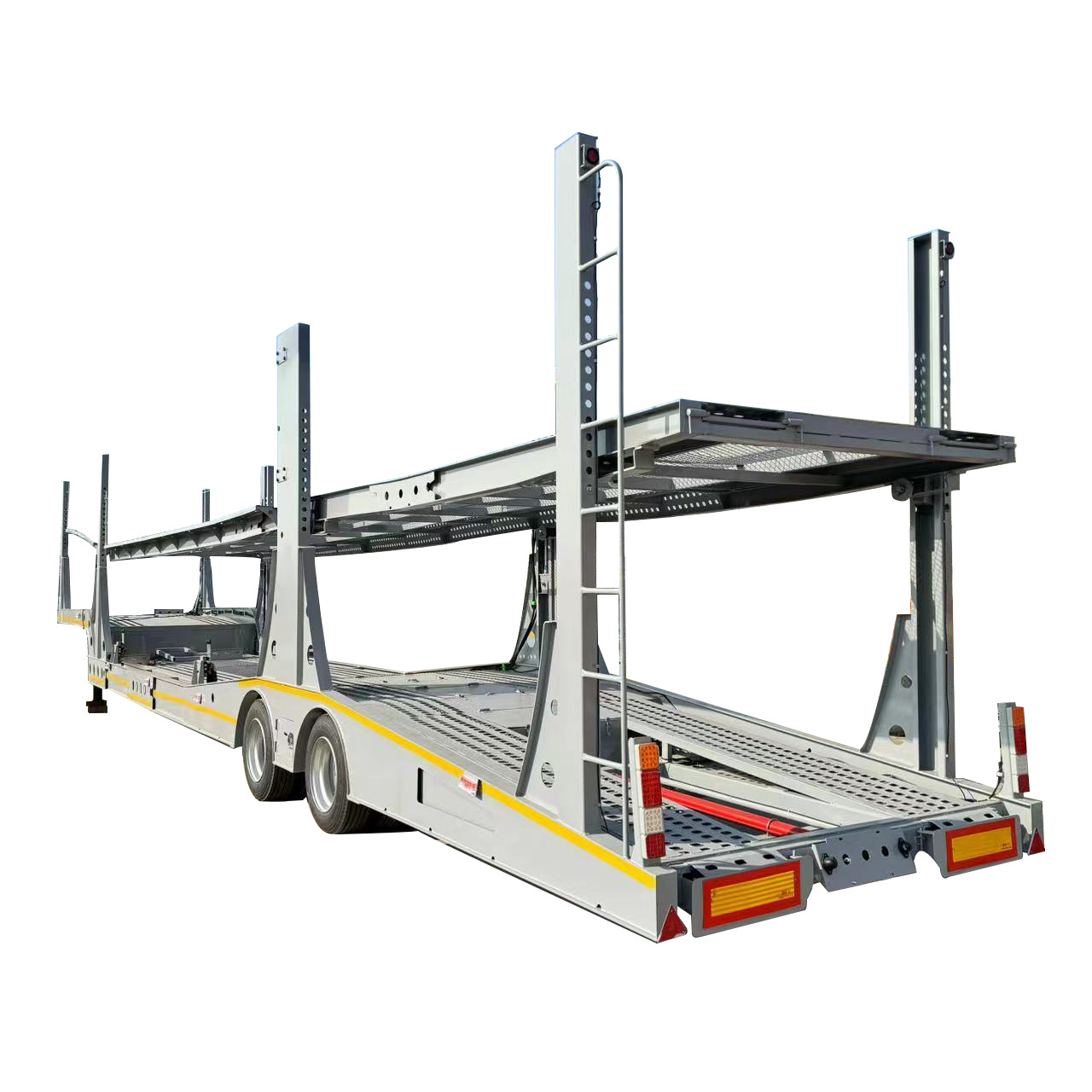 Brand new 2 floors hydraulic lift transporter transporting small car trailer