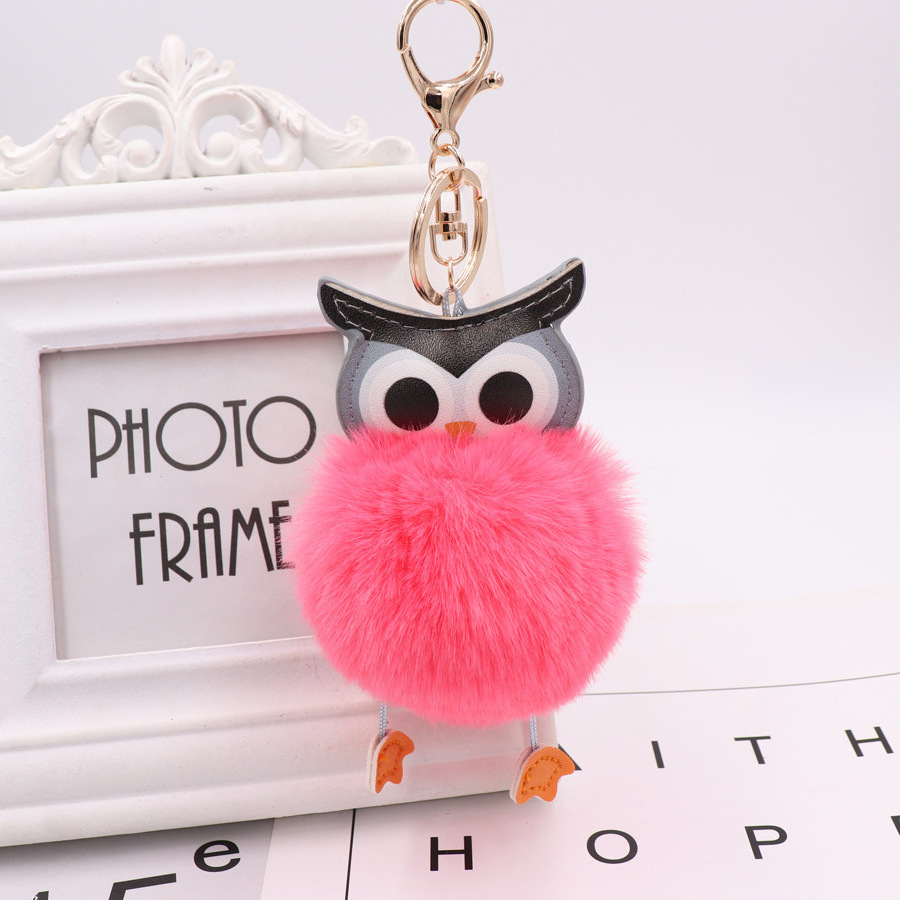 KAZUFUR New Fashion Girls Gift Owl Faux Fur Keychain Pom Puff Ball Keychain