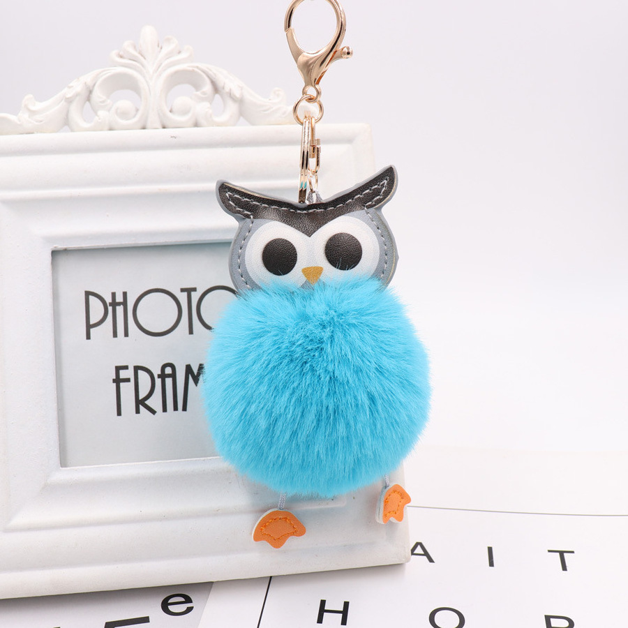 KAZUFUR New Fashion Girls Gift Owl Faux Fur Keychain Pom Puff Ball Keychain