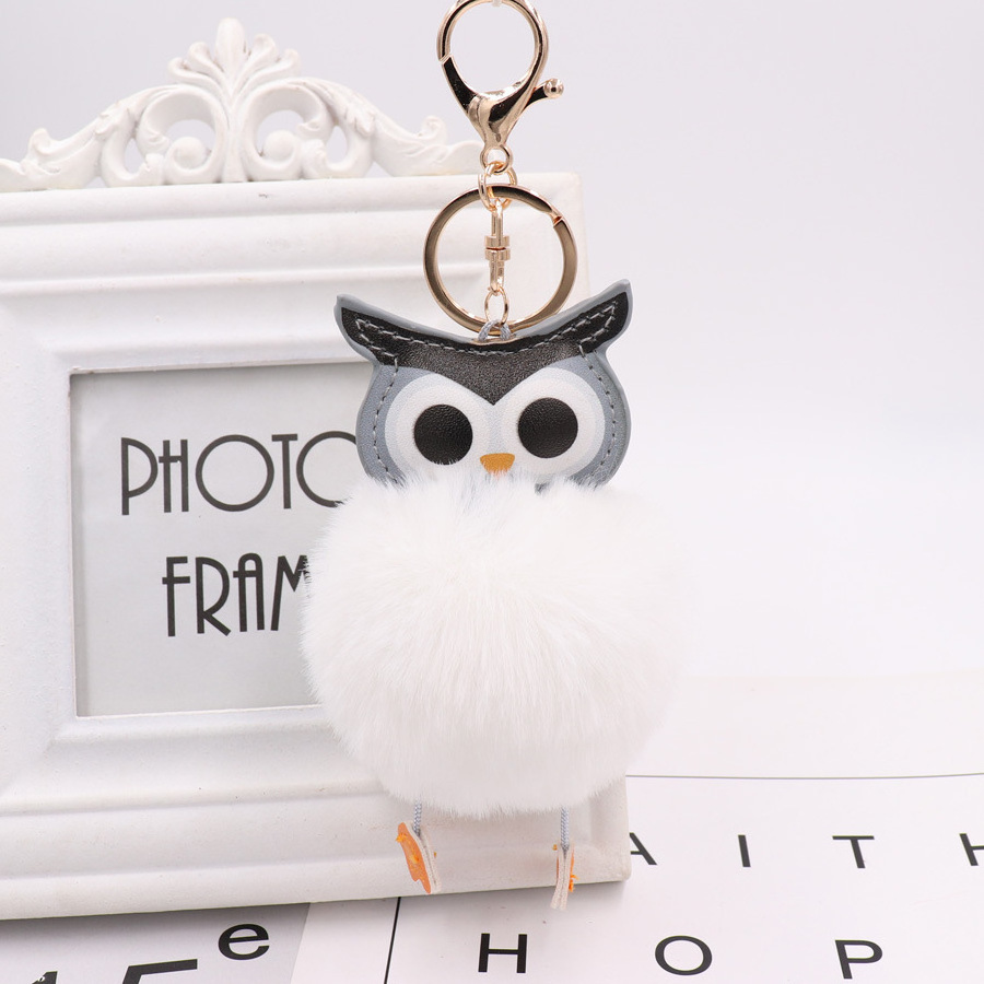 KAZUFUR New Fashion Girls Gift Owl Faux Fur Keychain Pom Puff Ball Keychain