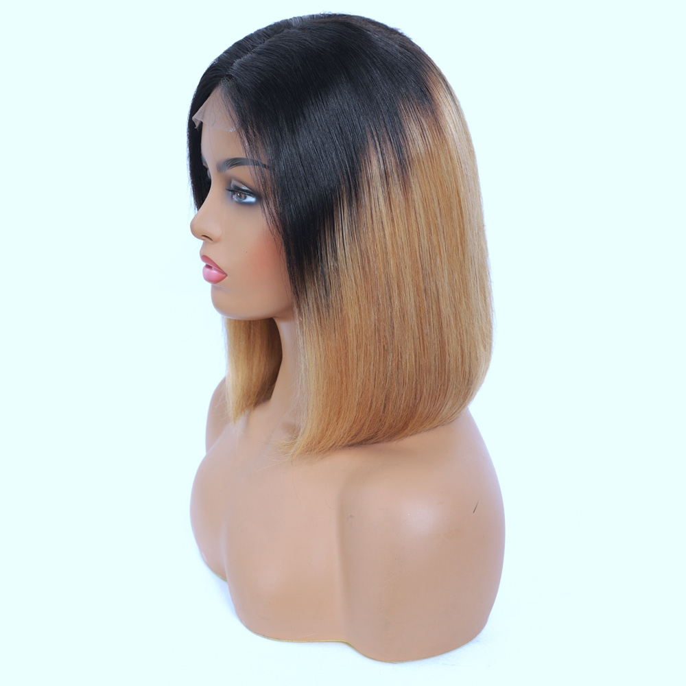 Kbeth Human Hair Wig Highlight Custom 13X4 Short Bob Wig #4/27 Brown Mixed Color Straight Two Tone Raw Peruvian Bob Wigs Vendor