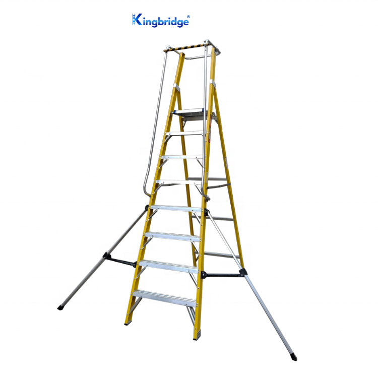 Kingbridge Strength Fiberglass Large Platform Ladder 8 Steps Mobile Safety Yellow FRP Ladder With Handrail and support