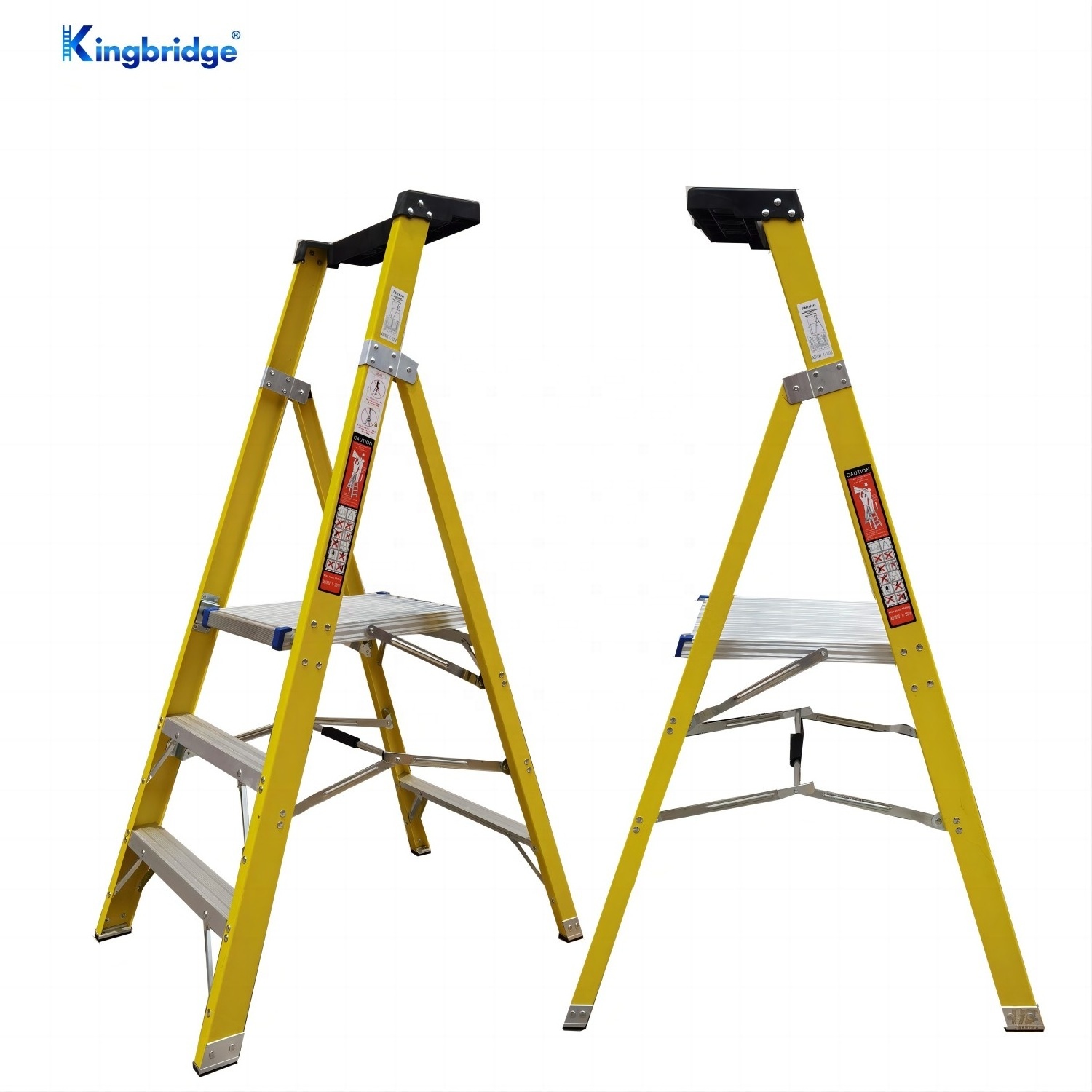 Yellow color full insulation portable fiberglass folding platform ladder with tool tray