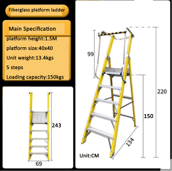 5 steps Mobile safety net  Fiberglass platform ladder with handrail yellow color