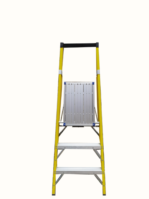 Yellow color full insulation portable fiberglass folding platform ladder with tool tray