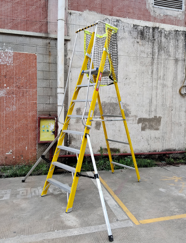 Kingbridge Strength Fiberglass Large Platform Ladder 8 Steps Mobile Safety Yellow FRP Ladder With Handrail and support