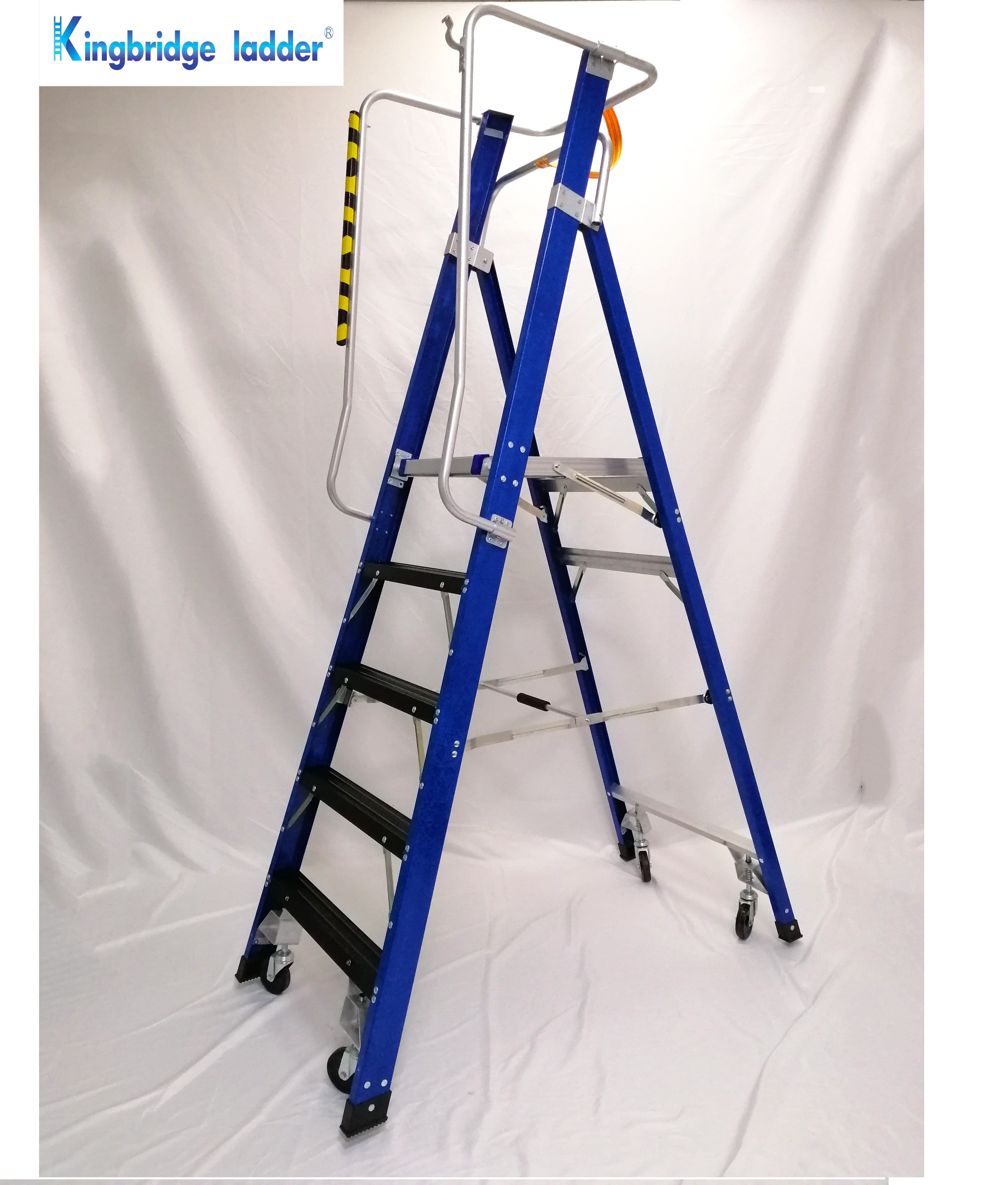 Industrial  mobile portable Fiberglass platform ladder with handrail