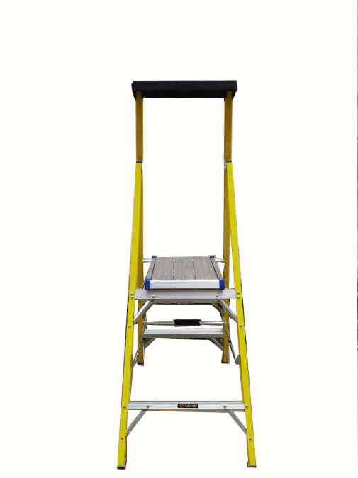 Yellow color full insulation portable fiberglass folding platform ladder with tool tray