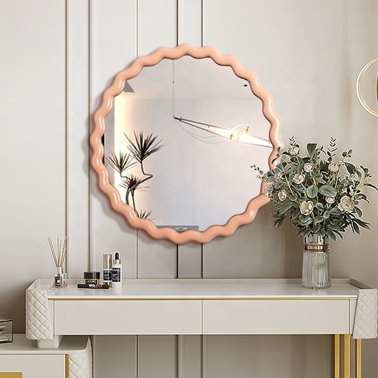 K&B hot sale Ins round pink candy design luxury large wooden wall art decor mirrors for home bedroom