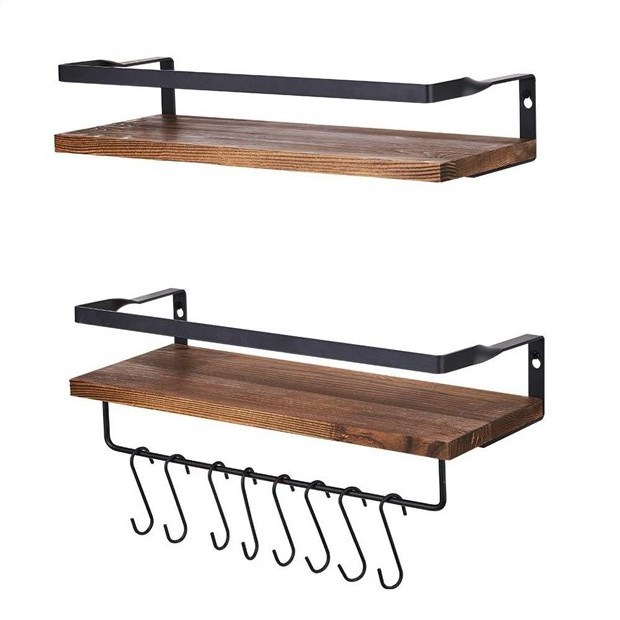 K&B home decor kitchen bathroom towel metal rack brown wall mounted floating wooden display shelf with hooks