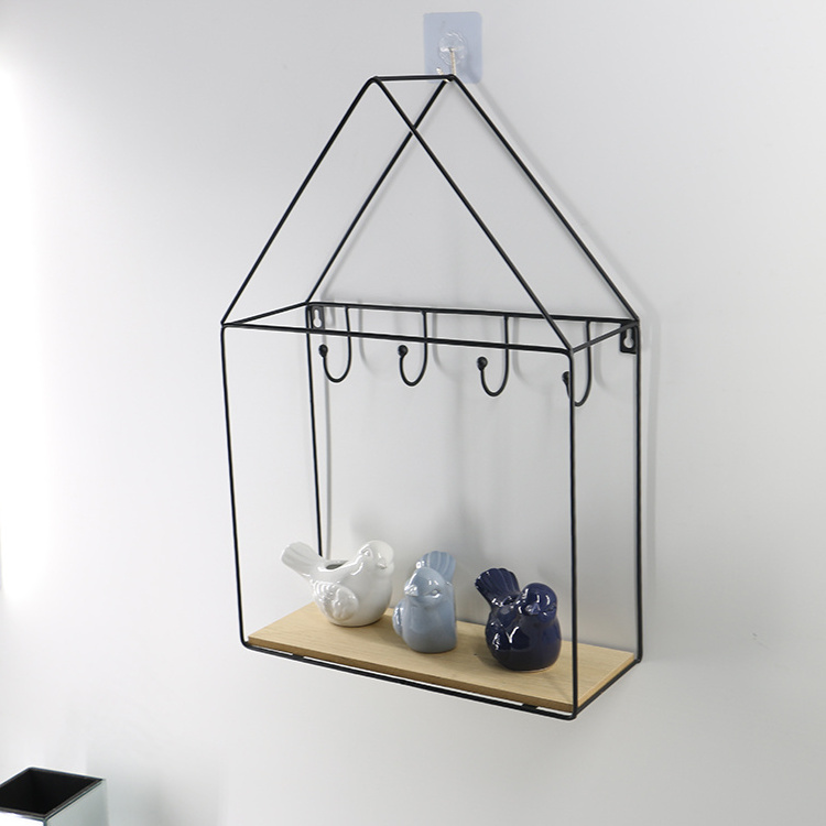 wholesale home house shape black steel wooden small wall mounted storage holder hook rack organizer shelf for bedroom