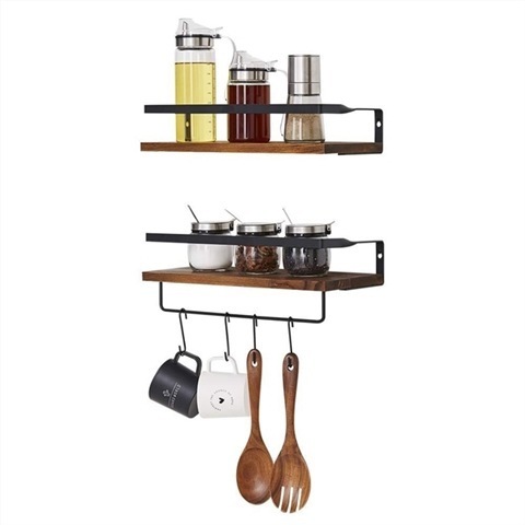 K&B home decor kitchen bathroom towel metal rack brown wall mounted floating wooden display shelf with hooks