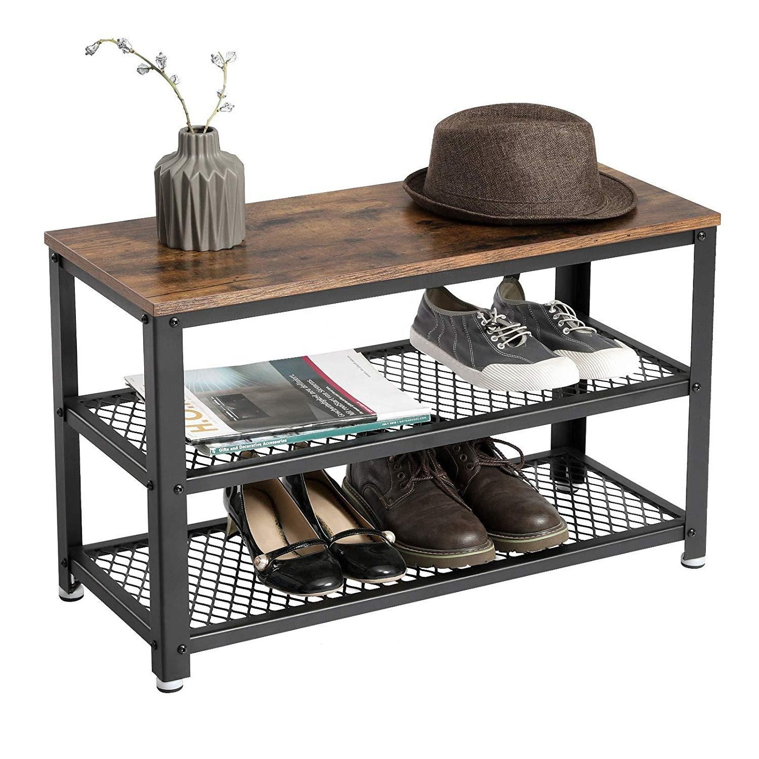 K&B 3-tier metal frame shoes organizer rack with seat shoe rack stand for entryways