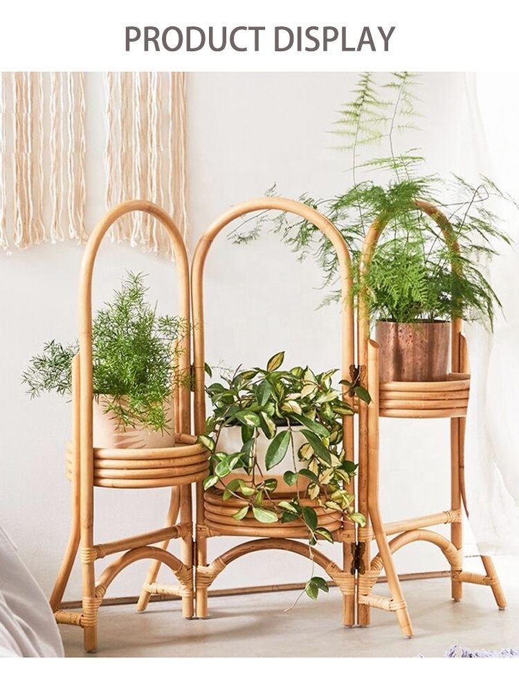 Wholesale farmhouse design foldable three layers rattan flower pot holder plant stand for indoor and outdoor succulent plants