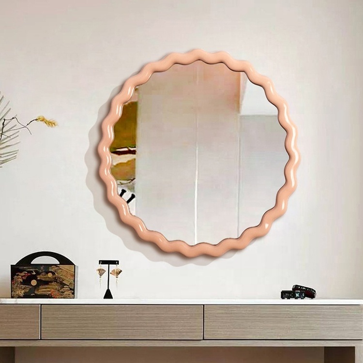 K&B hot sale Ins round pink candy design luxury large wooden wall art decor mirrors for home bedroom