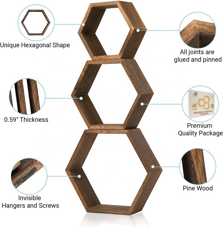 K&B custom 6 pcs set wall shelves mdf painting floating hexagon wooden wall display shelf for home decor