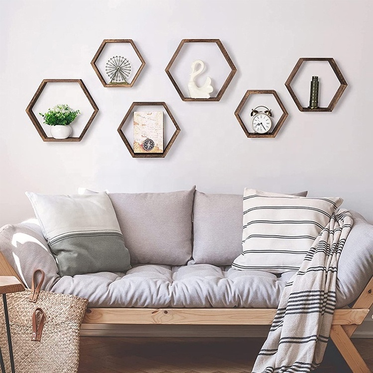 K&B custom 6 pcs set wall shelves mdf painting floating hexagon wooden wall display shelf for home decor