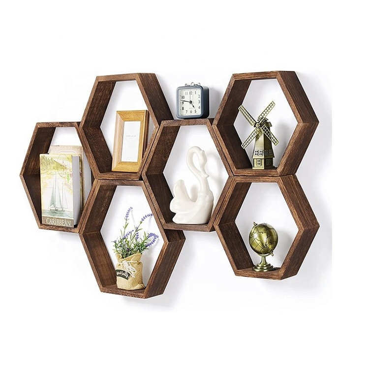 K&B custom 6 pcs set wall shelves mdf painting floating hexagon wooden wall display shelf for home decor