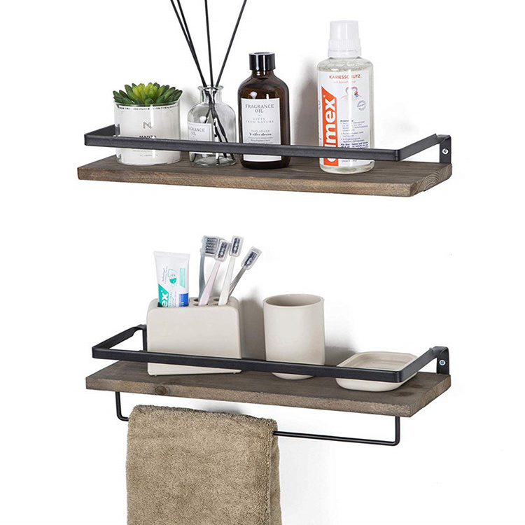 K&B home decor kitchen bathroom towel metal rack brown wall mounted floating wooden display shelf with hooks