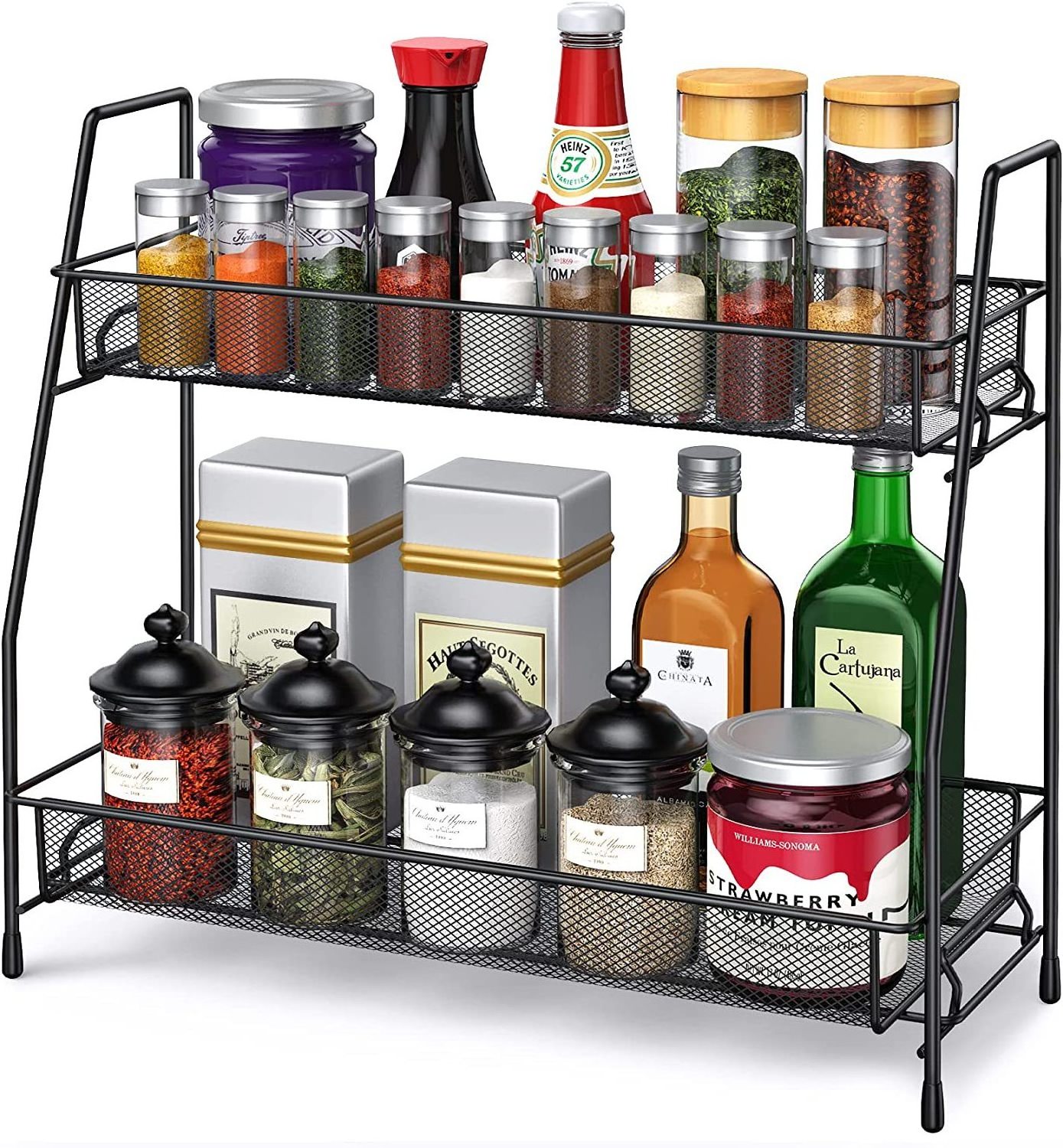 2-Layer Metal Mesh Kitchen Storage Rack Double-Tiered Countertop Seasoning Rack Iron Art Tableware Rack