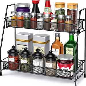 2-Layer Metal Mesh Kitchen Storage Rack Double-Tiered Countertop Seasoning Rack Iron Art Tableware Rack