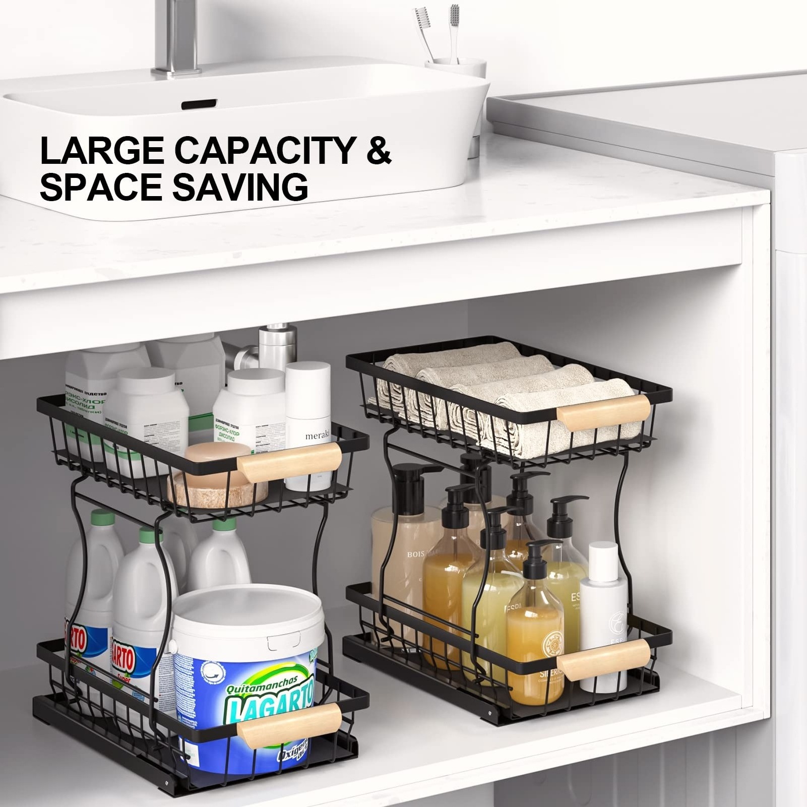 Multi-Functional Double-Tier Metal Sorting Storage Rack Pull-Out Seasoning Rack for Kitchen Sink Storage Under-Sink Organization