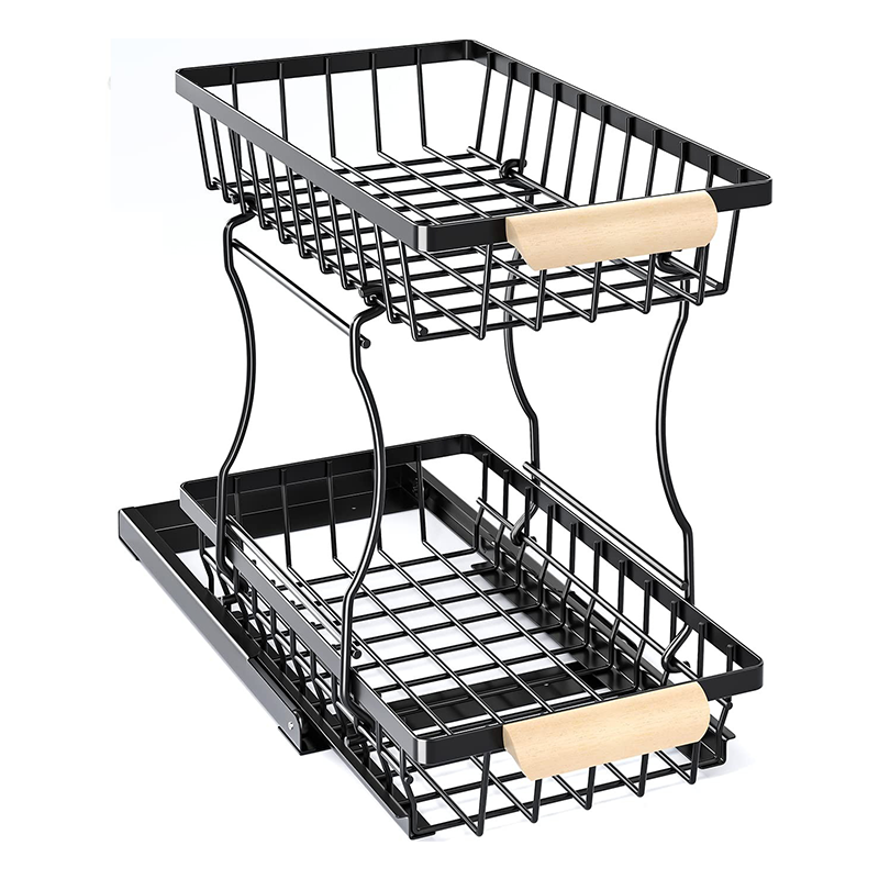 Multi-Functional Double-Tier Metal Sorting Storage Rack Pull-Out Seasoning Rack for Kitchen Sink Storage Under-Sink Organization