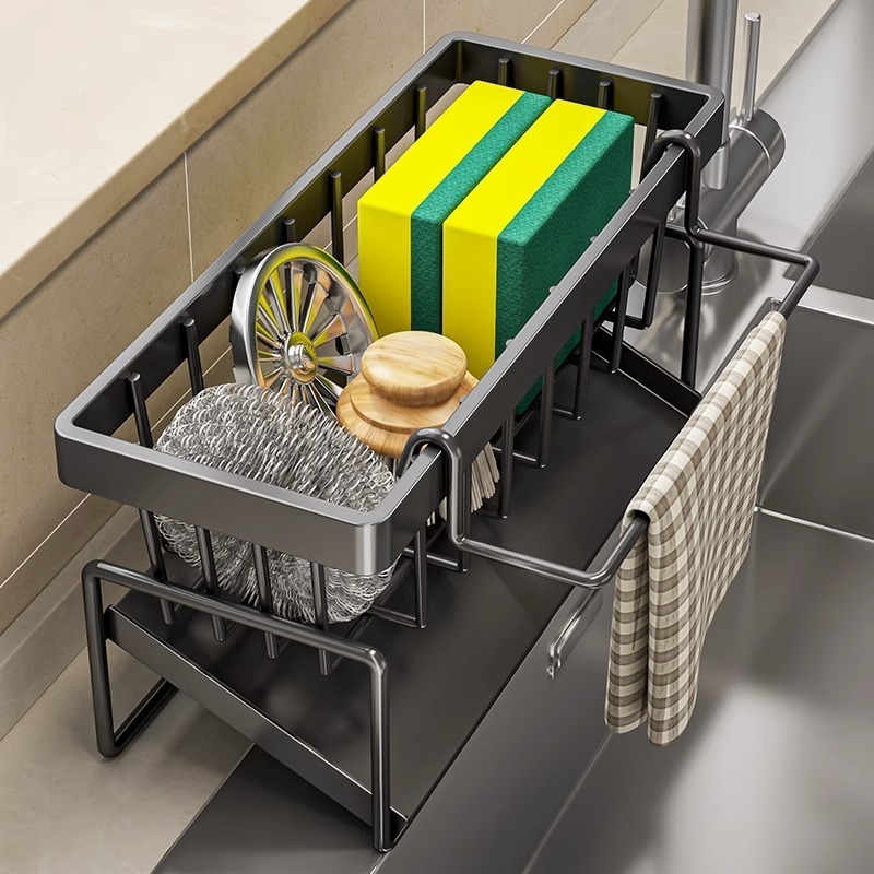 Single-Tier Metal Kitchen Storage Rack for Sink Cloth Faucet Dishwasher Detergent Featuring Steel Wire Ball Storage for Sundries