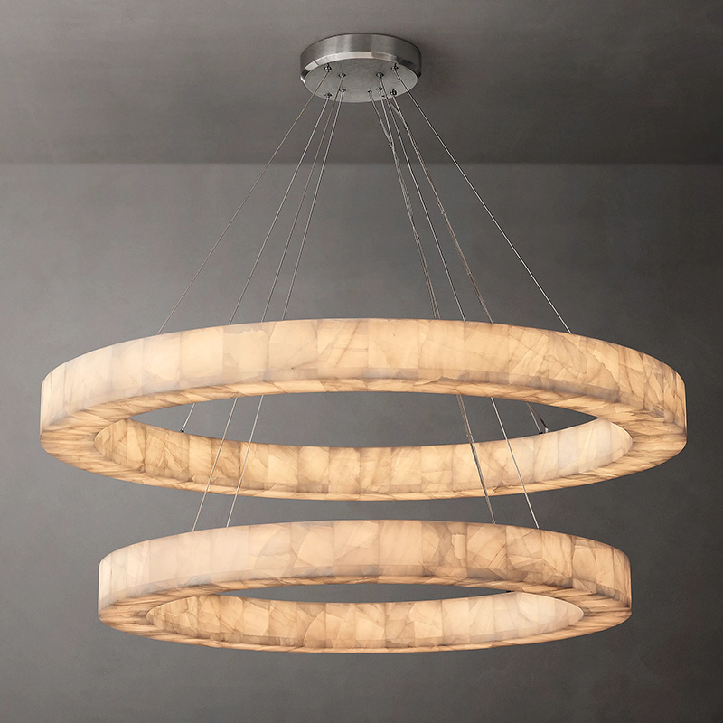 Modern Living Room Pendant Light Natural Marble Calcite Ring Two Tier Alabaster Chandelier Fixture for Living Room