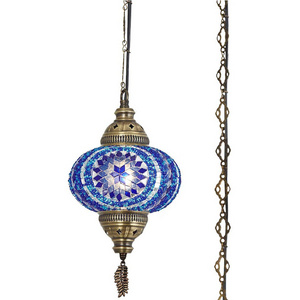 8 Colors Mosaic Swag Plug Pendant Ceiling Hanging Light with 15feet Cord Decorated Chain Plug  Blue 6 Inch Diameter Light