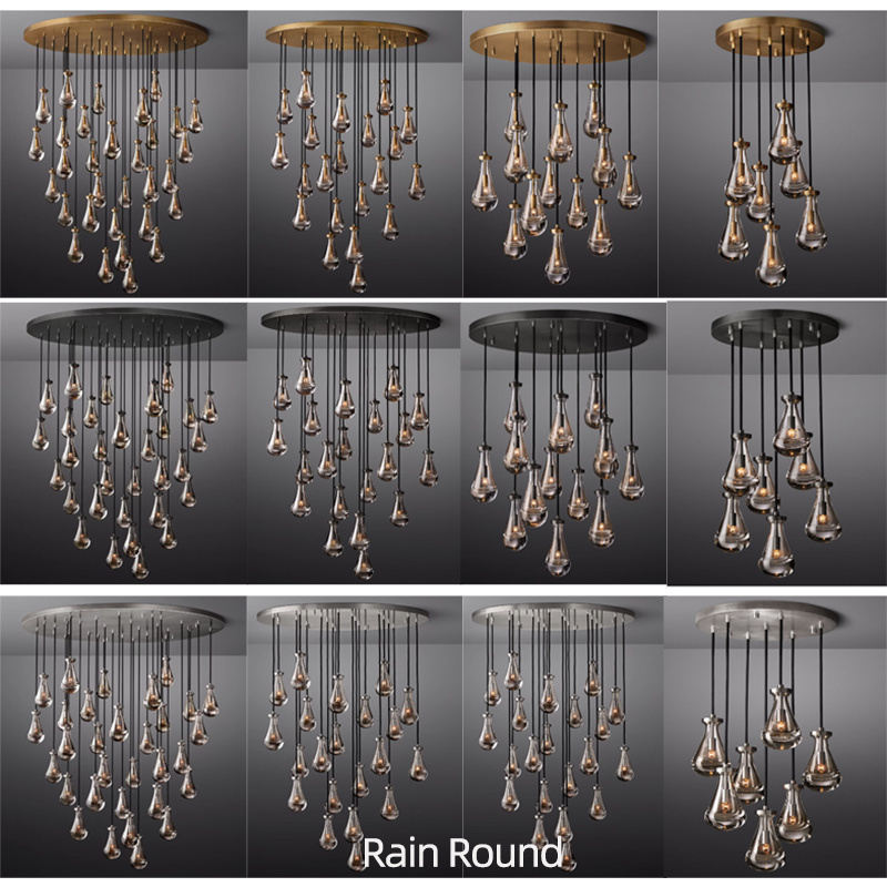 Stair restoration Crystal Raindrops Chandelier Lighting Round Large Pendant Light High Ceiling Luxury long Rain drop chandelier