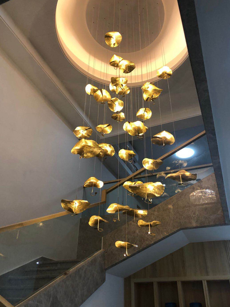 Gold Copper Hanging Lamp Hotel Modern High Ceiling Chandelier Handmade  Lotus Leaf Staircase Duplex Hall Pendant Light