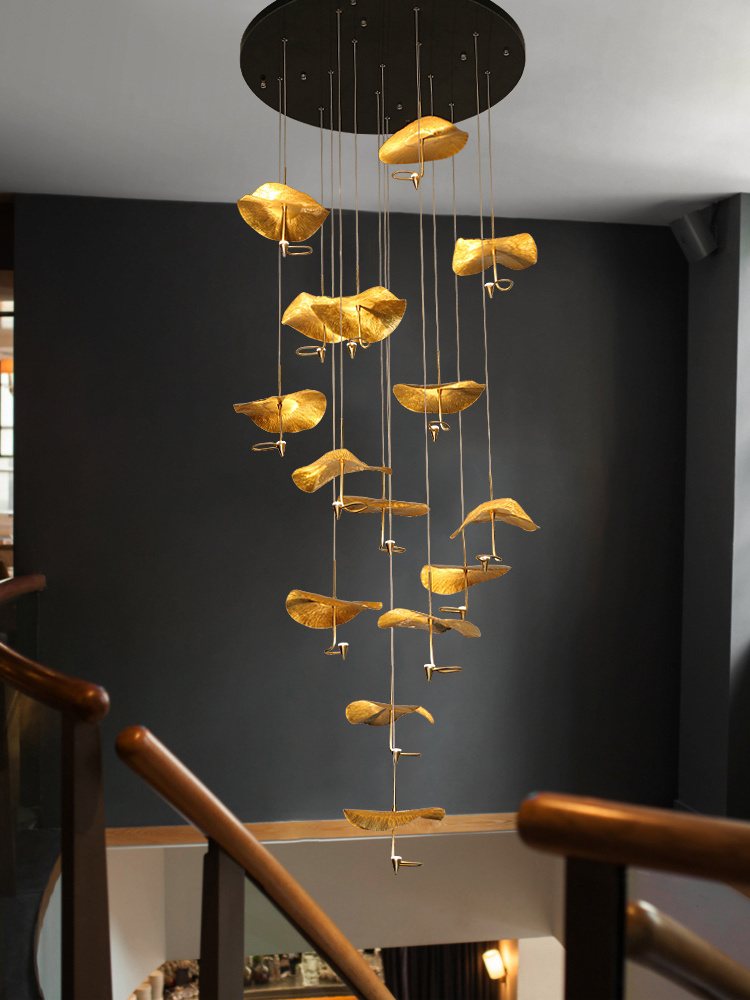 Gold Copper Hanging Lamp Hotel Modern High Ceiling Chandelier Handmade  Lotus Leaf Staircase Duplex Hall Pendant Light