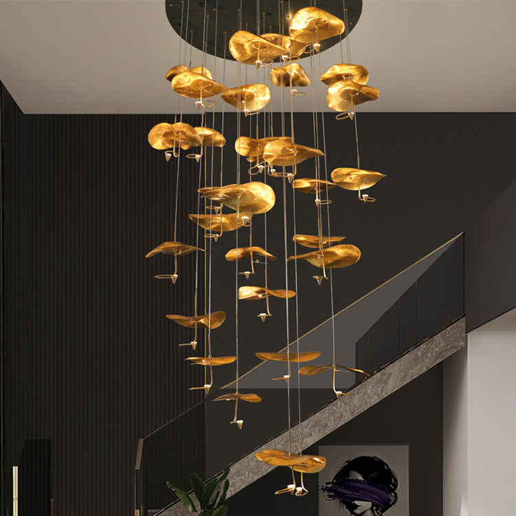 Gold Copper Hanging Lamp Hotel Modern High Ceiling Chandelier Handmade  Lotus Leaf Staircase Duplex Hall Pendant Light