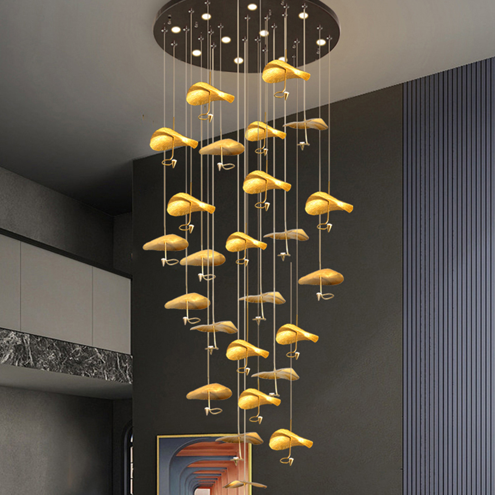 Gold Copper Hanging Lamp Hotel Modern High Ceiling Chandelier Handmade  Lotus Leaf Staircase Duplex Hall Pendant Light