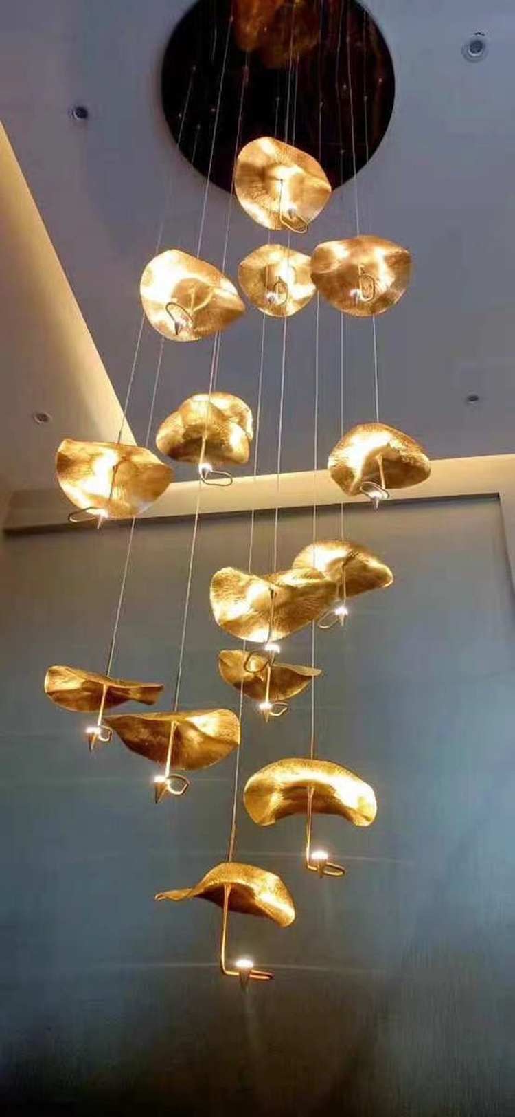 Gold Copper Hanging Lamp Hotel Modern High Ceiling Chandelier Handmade  Lotus Leaf Staircase Duplex Hall Pendant Light