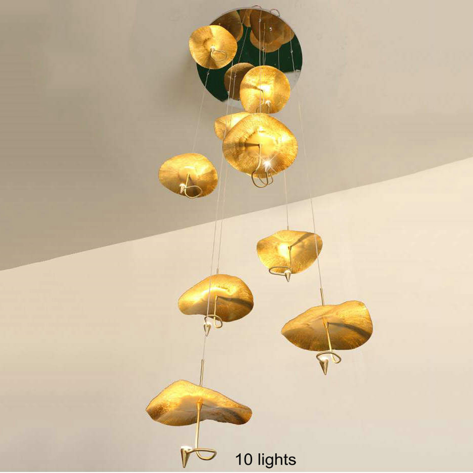 Gold Copper Hanging Lamp Hotel Modern High Ceiling Chandelier Handmade  Lotus Leaf Staircase Duplex Hall Pendant Light