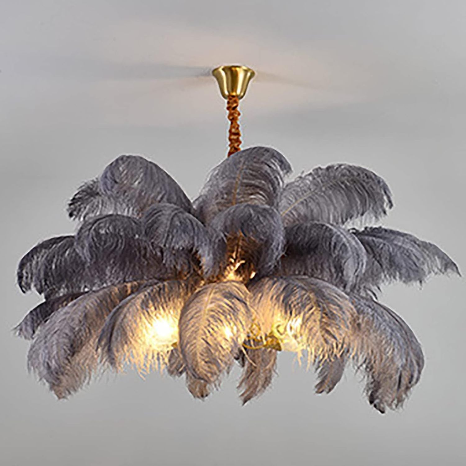 Modern luxury hanging pendant lamp black white pink ostrich green feather shaped foyer large  ostrich feathered chandelier light