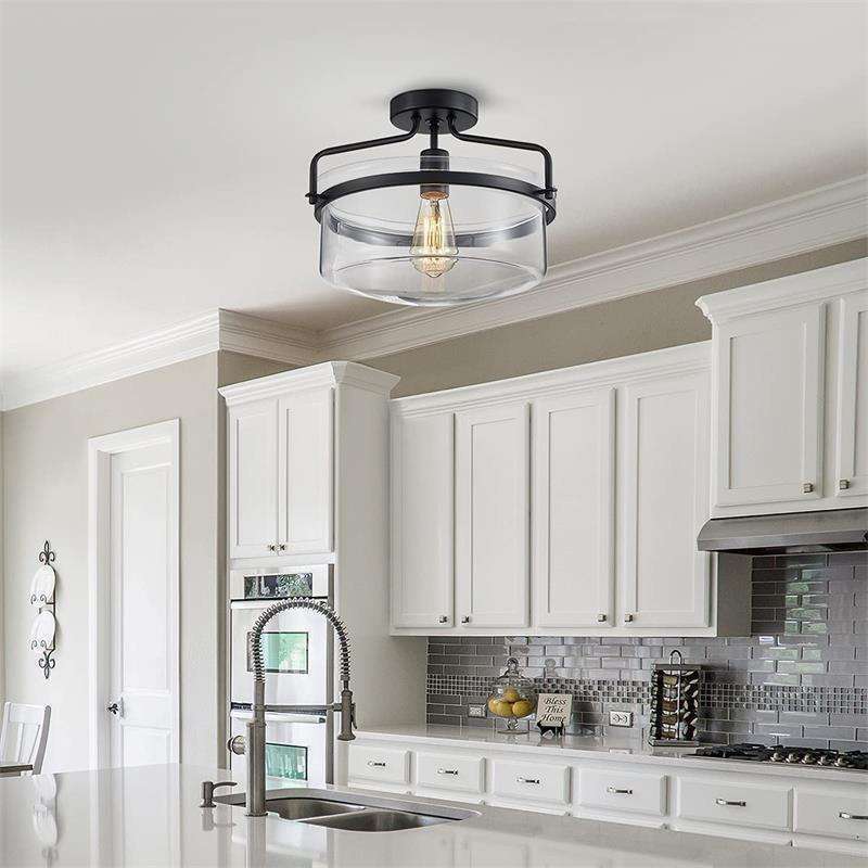 Flush Mount classic Farmhouse Matte Black Glass Shade Pendant Ceiling Light Fixture for Hallway Foyer Dining Room Kitchen Lamp