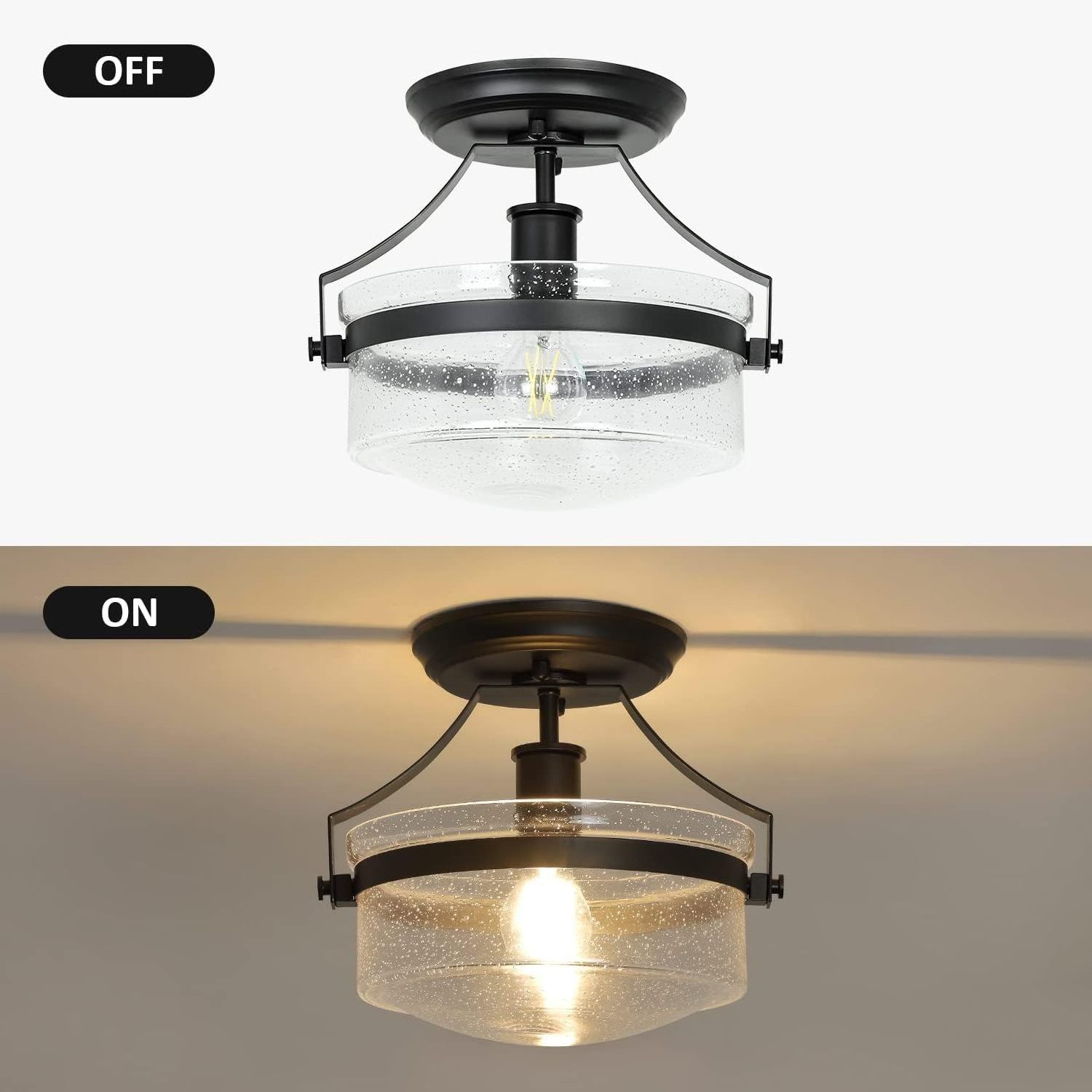 Modern Black Industrial Drum Semi Flush Mount Brushed Nickel classic Ceiling Light lamp with Clear Glass Shade for Hallway Porch