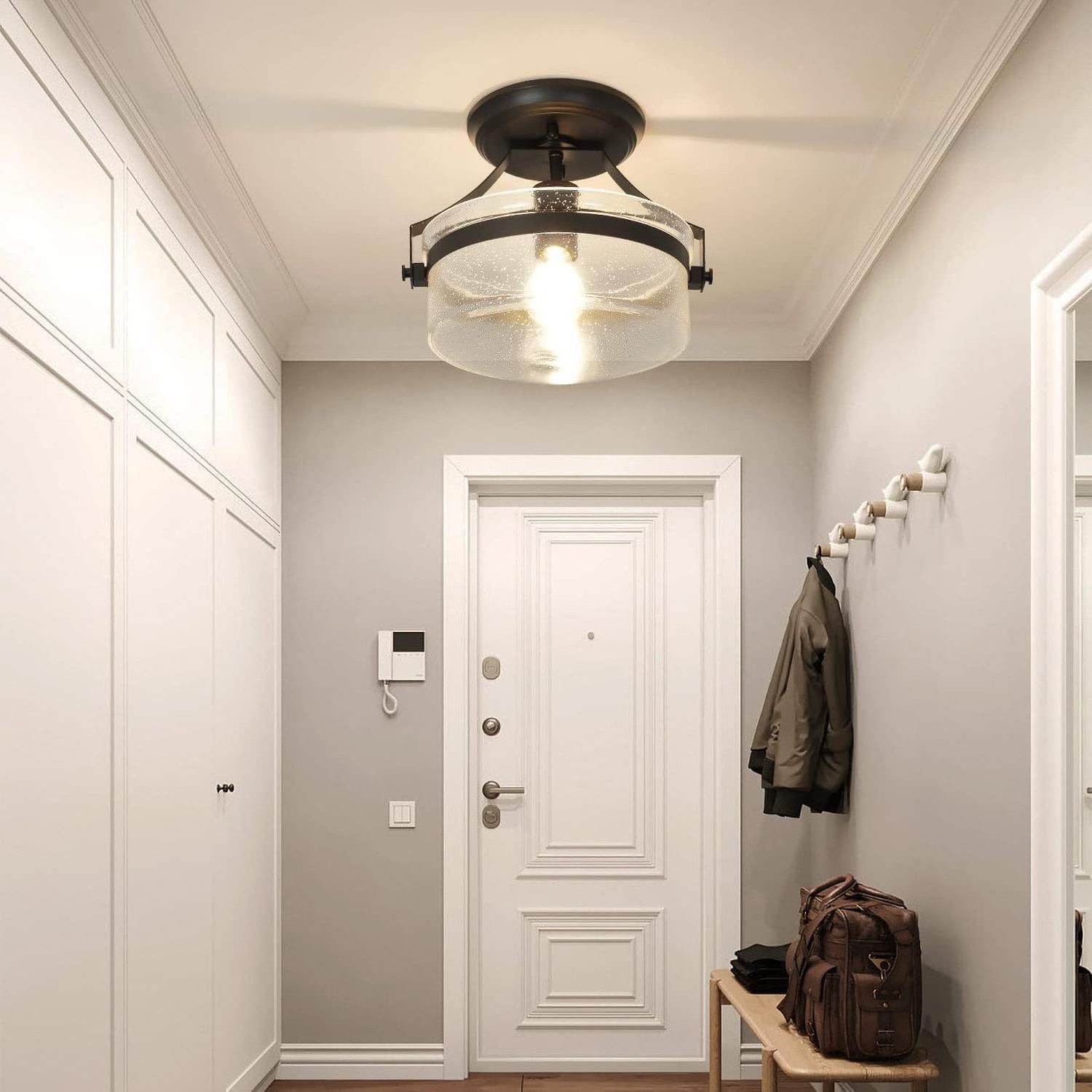 Modern Black Industrial Drum Semi Flush Mount Brushed Nickel classic Ceiling Light lamp with Clear Glass Shade for Hallway Porch