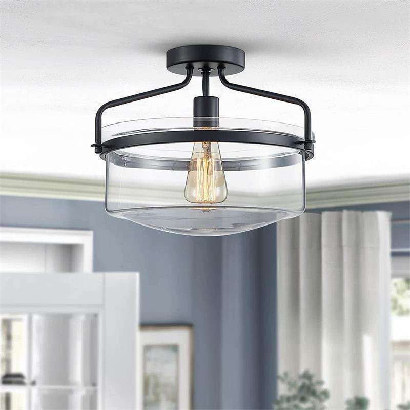 Classic Farmhouse flush mount LED ceiling light steel fixture brushed nickel finish clear glass shade Hallway Bedroom