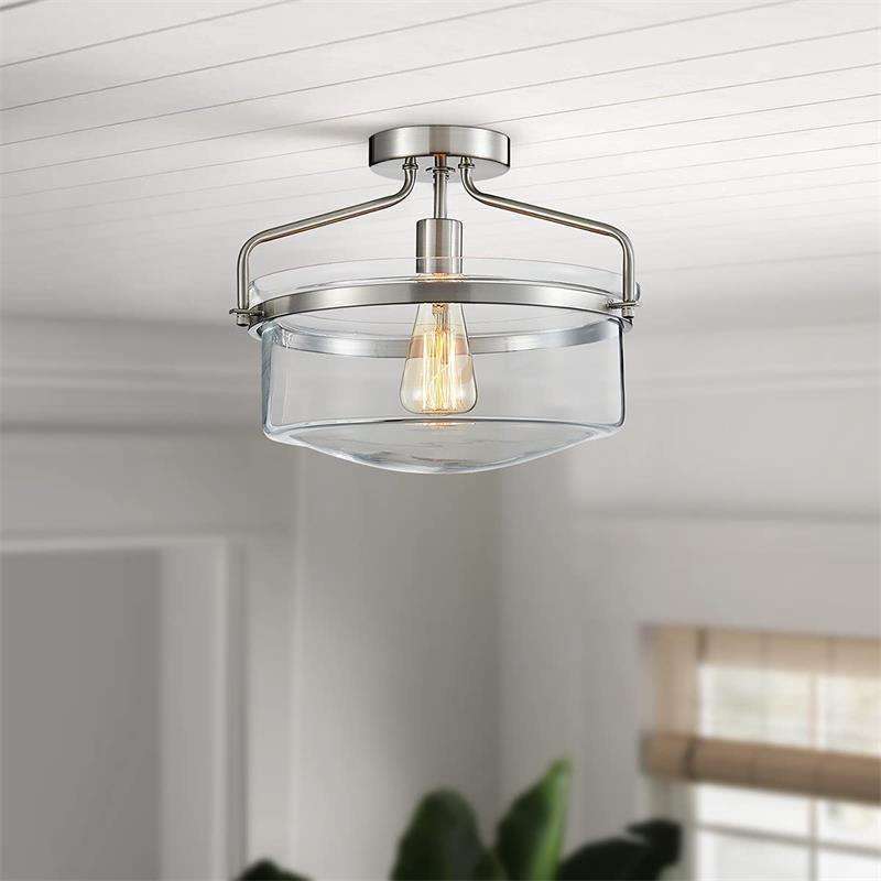 Classic Farmhouse flush mount LED ceiling light steel fixture brushed nickel finish clear glass shade Hallway Bedroom