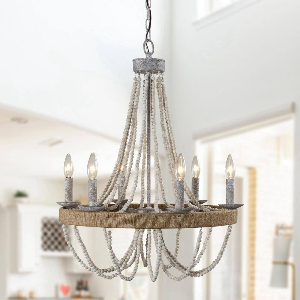 Luxury Chandelier Light Fixture Farmhouse Wood Ceiling Light  with Wood Bead Chain 6 Lights For Living Room Bedroom