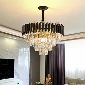 Luxury Modern K9 Crystal Round Chandelier Ceiling Lights Black Gold Fixtures 5 Tiers Pendant Lighting for Living Room Entryway