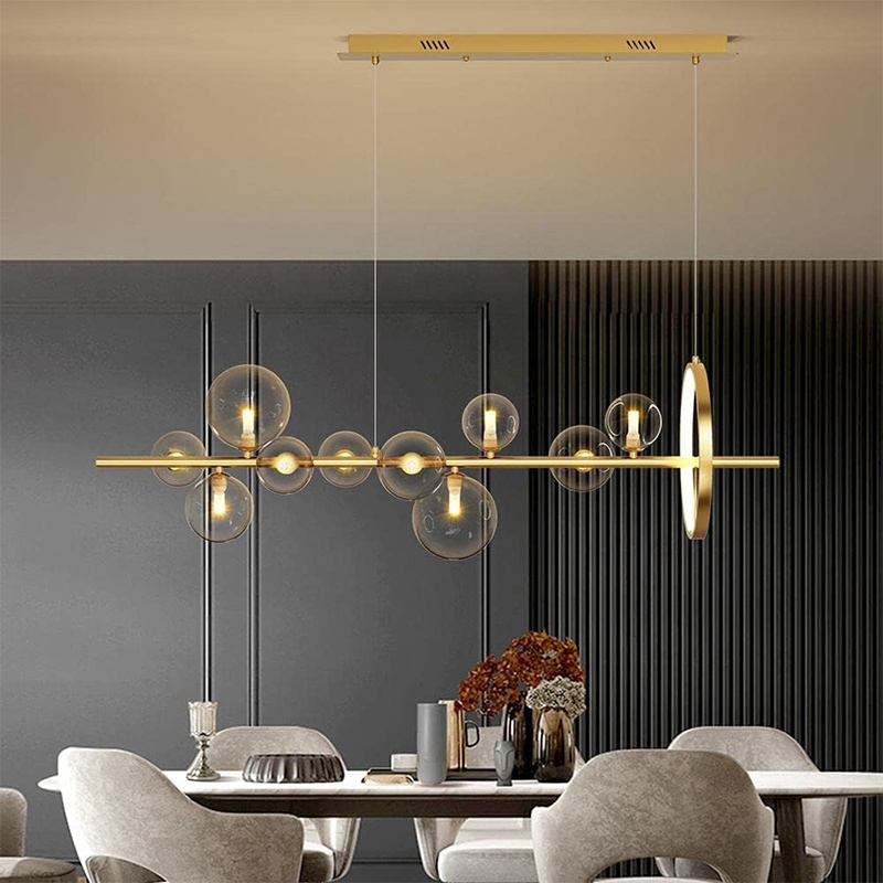 Modern Linear Kitchen Island Light Gold Chandelier with Glass Globe Shade Pendant Light Fixtures for Dining Room Living Room