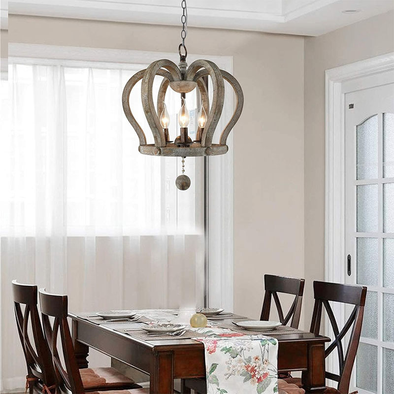 Crown Chandelier 3-Light Wood Chandelier  Modern for Living Room Farmhouse Light fixtures Antique and Rusty Gold Finish